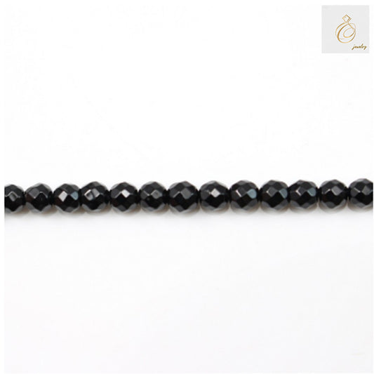 Black agate faceted round beads 4mm strand showing glossy black surface with precise faceted cuts, 38-40cm length, jewelry making supplies