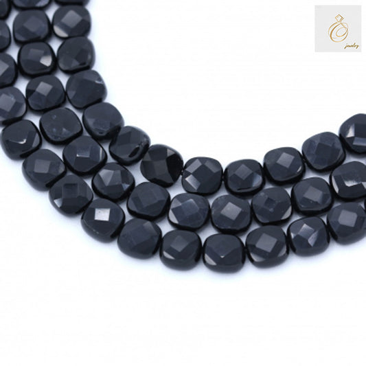Black agate faceted square beads 8mm arranged in curved strands showing multiple rows of glossy dark gemstone beads for jewelry making