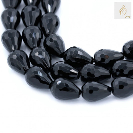 Black Agate Faceted Teardrop Beads 13x18mm - Full strand showing multiple glossy black beads with faceted surface