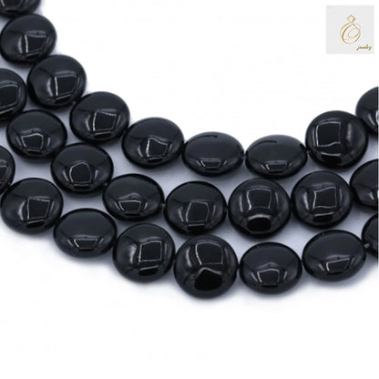 Black Agate Flat Round Gemstone Beads - 12mm size, 38-40cm strand length, showing multiple loose beads with glossy finish