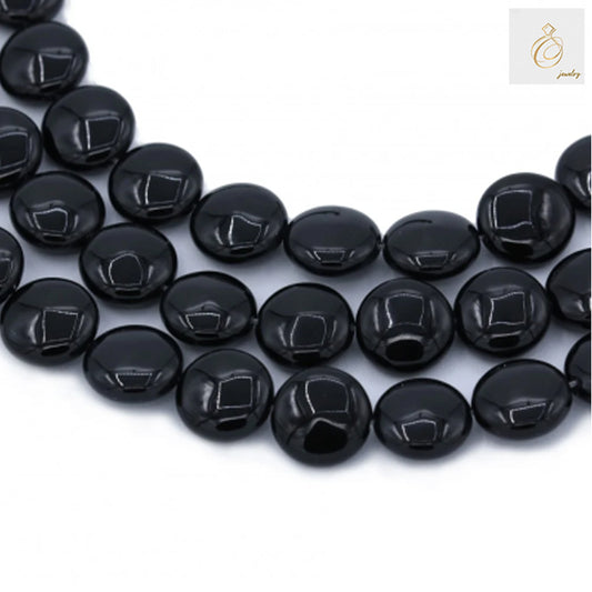 Black Agate Flat Round Gemstone Beads - 12mm size, 38-40cm strand length, showing multiple loose beads with glossy finish