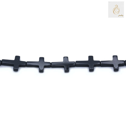 Black Agate Cross beads strand 38-40cm length displaying natural black agate gemstone quality and cross design