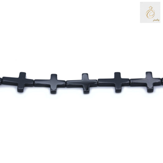 Black Agate Cross beads strand 38-40cm length displaying natural black agate gemstone quality and cross design