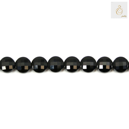 Black Agate Faceted Flat Round Beads - 6mm Size, 38-40cm Strand