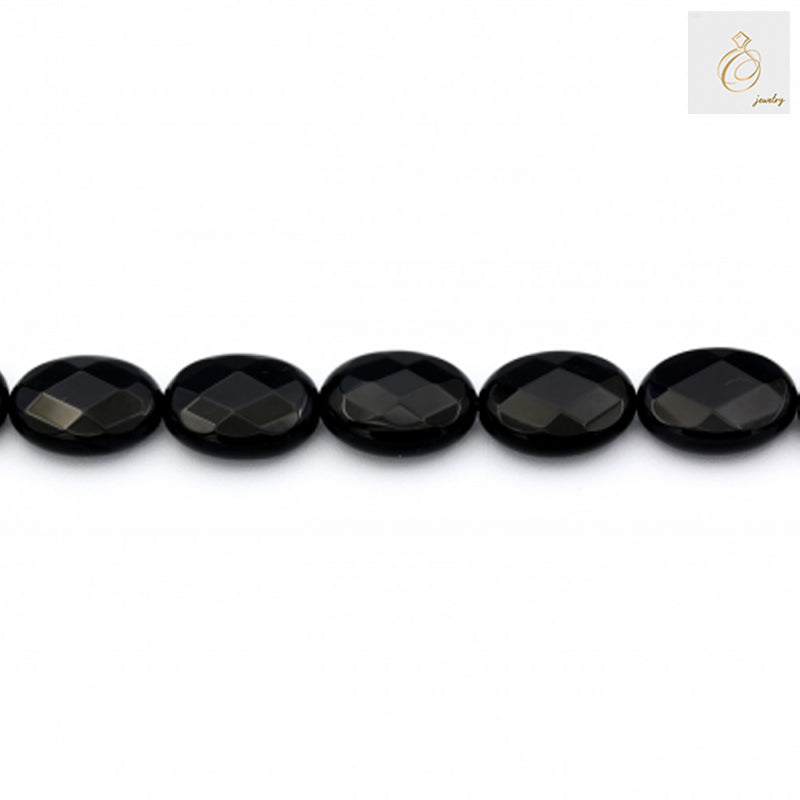 Single strand of Black Agate faceted oval beads 15x20mm displaying the uniform size and faceted cut detail