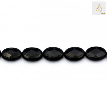 Single strand of Black Agate faceted oval beads 15x20mm displaying the uniform size and faceted cut detail