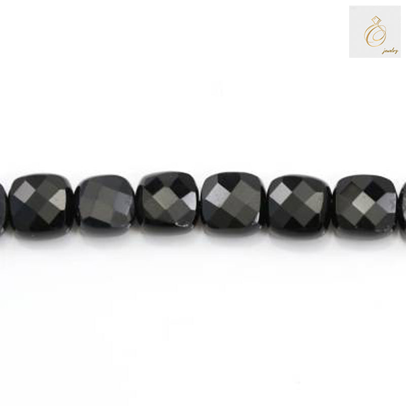Close-up view of black agate faceted square beads 8mm in a single strand displaying the geometric cut and lustrous surface finish