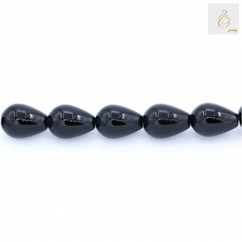 Black Agate Teardrop Gemstone Beads - Single strand detail view of 13x18mm beads