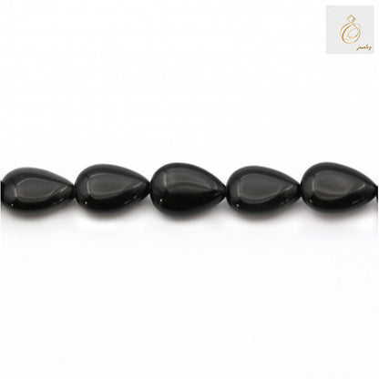 Black Agate Teardrop Gemstone Strand - Single strand showing 9x13mm black agate teardrop beads in detail