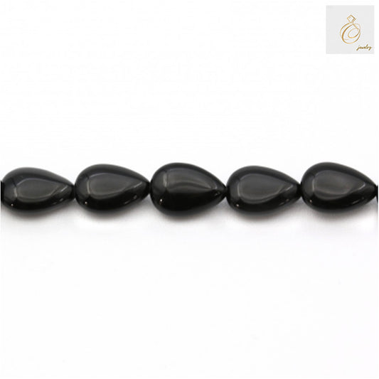 Black Agate Teardrop Gemstone Strand - Single strand showing 9x13mm black agate teardrop beads in detail