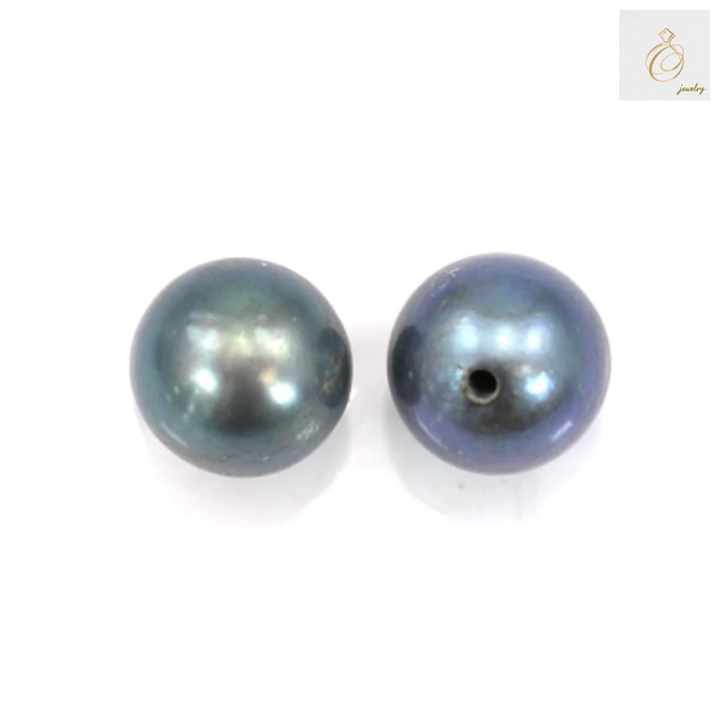 Dark blue freshwater cultured pearls, half-drilled round beads, 6.5-7mm diameter, 2 pieces pack for jewelry making