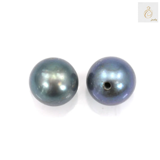 Dark blue freshwater cultured pearls, half-drilled round beads, 6.5-7mm diameter, 2 pieces pack for jewelry making