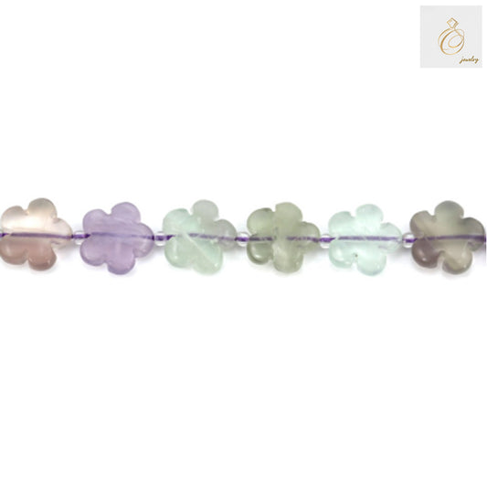 Close-up view of fluorite flower pattern beads showing natural color variations"
"Fluorite gemstone beads strand 39-40cm length with 1mm holes