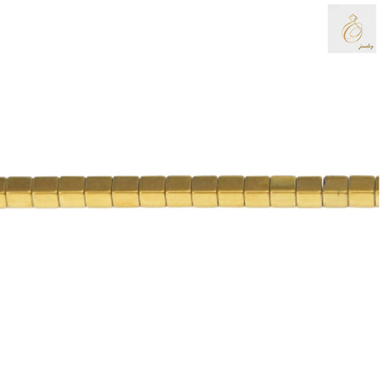 Golden hematite cube beads 2mm with 0.8mm holes on 39-40cm strand, showing metallic golden finish and precise geometric cube shape for jewelry making