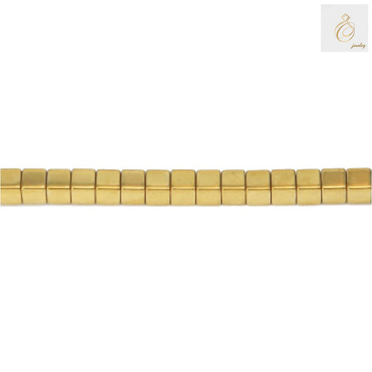 Golden hematite cube beads 4mm with 1mm holes arranged on a strand, showing metallic golden finish and precise geometric cube shape for jewelry making