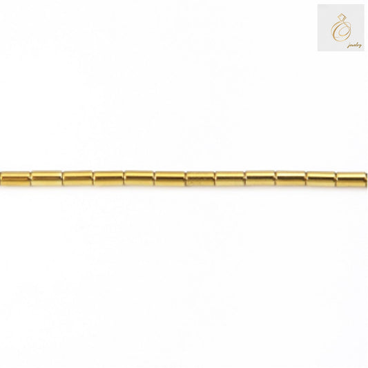 Golden hematite cylinder beads 2x4mm with 0.7mm hole, arranged on strand showing metallic golden finish and uniform cylindrical shape, perfect for jewelry making