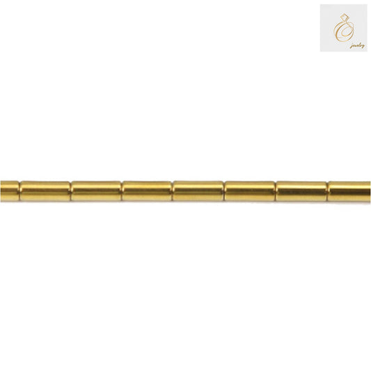 Golden hematite cylinder beads arranged in a strand, showing uniform 3x9mm cylindrical shape with lustrous golden metallic finish, perfect for jewelry making