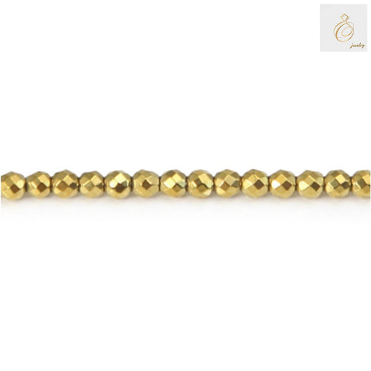 Golden hematite faceted round beads, 3mm diameter with 0.8mm holes, arranged on a 39-40cm strand showing metallic luster and precise faceted cuts