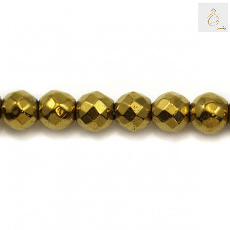 "Golden hematite faceted round beads 4mm diameter arranged on white background showing metallic luster and precision cut facets