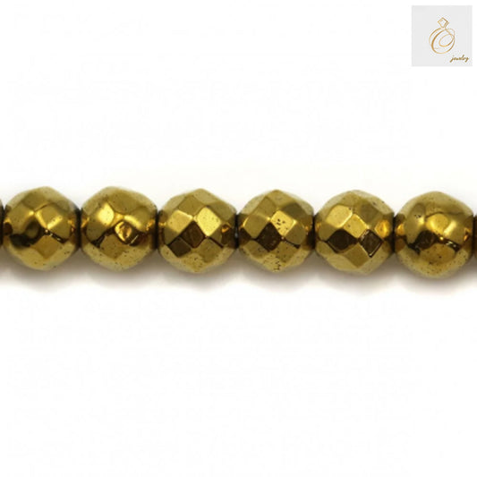 "Golden hematite faceted round beads 4mm diameter arranged on white background showing metallic luster and precision cut facets