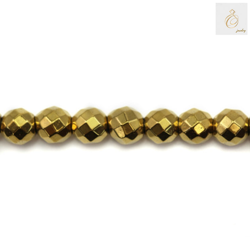 Golden hematite faceted round beads 6mm diameter showing metallic luster and uniform shape