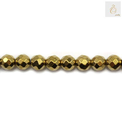 Golden hematite faceted round beads 8mm diameter showing metallic luster and precision-cut faceted surfaces