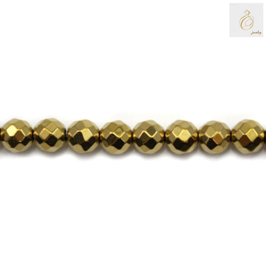 Golden hematite faceted round beads 8mm diameter showing metallic luster and precision-cut faceted surfaces