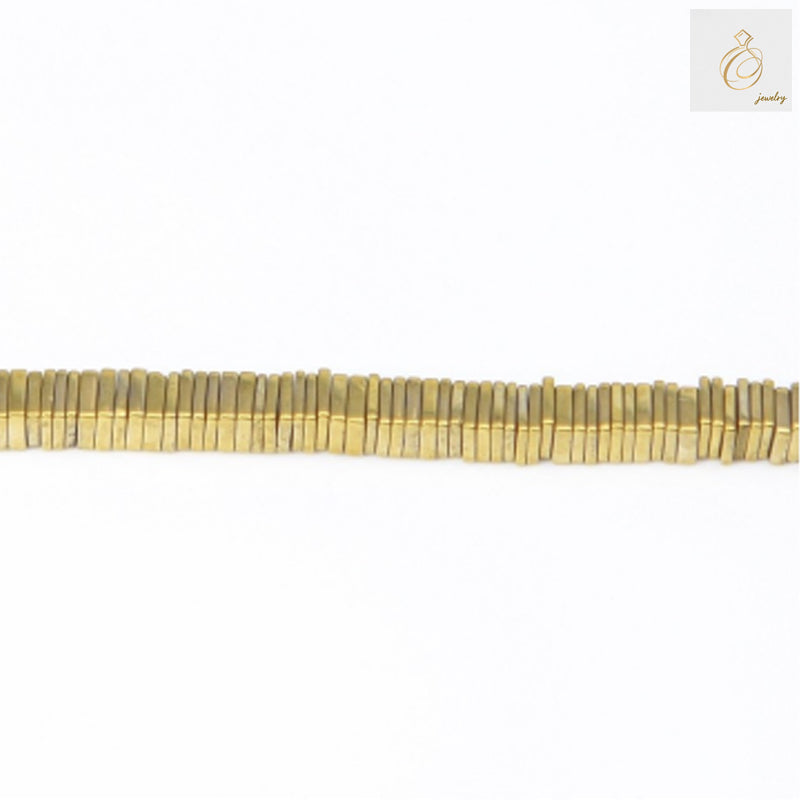 Golden hematite hexagon beads 1x2mm with metallic luster finish on white background
