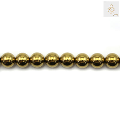Golden hematite round beads, 10mm diameter with metallic golden finish, displayed on white background