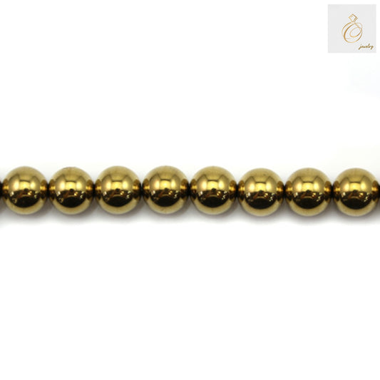 Golden hematite round beads, 10mm diameter with metallic golden finish, displayed on white background