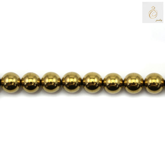 Golden hematite round beads 12mm diameter arranged in a strand, showing lustrous golden metallic finish and uniform spherical shape