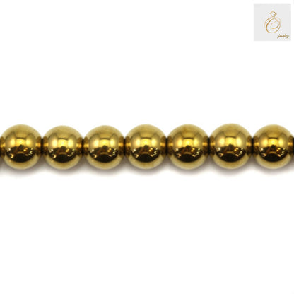 Golden hematite round beads 4mm diameter on strand - close-up view showing lustrous metallic finish and uniform size