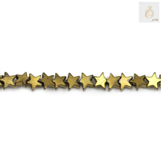 Golden hematite star-shaped beads, 4mm size with 0.8mm holes, arranged on a 39-40cm strand for jewelry making