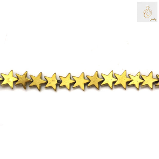 "Golden hematite star-shaped beads 6mm with metallic finish arranged on white background