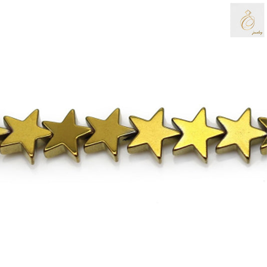 Golden hematite star-shaped beads, 8mm diameter with 0.8mm holes, arranged on a 39-40cm strand for jewelry making