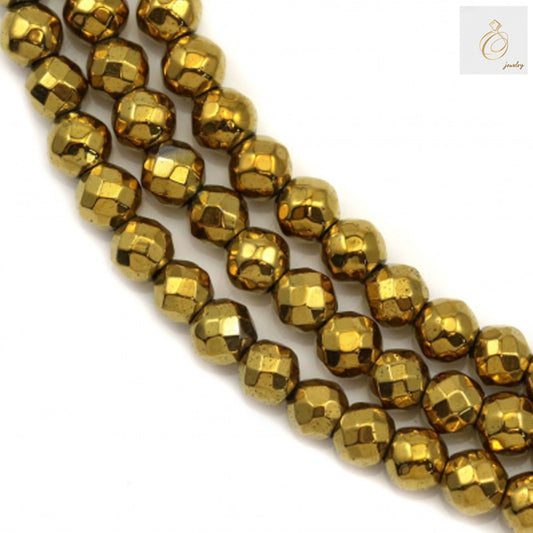 Close-up view of golden hematite faceted round beads 4mm with 1mm holes, displaying the full 39-40cm strand length and brilliant golden metallic finish