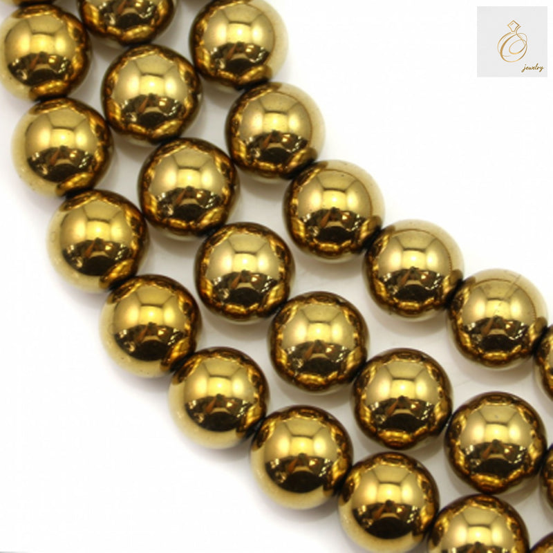 Close-up view of golden hematite beads strand displaying 12mm round beads with 1.5mm holes, perfect for jewelry making and crafting