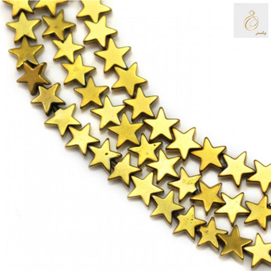 Close-up view of golden hematite star beads showing detailed star shape and lustrous golden coating