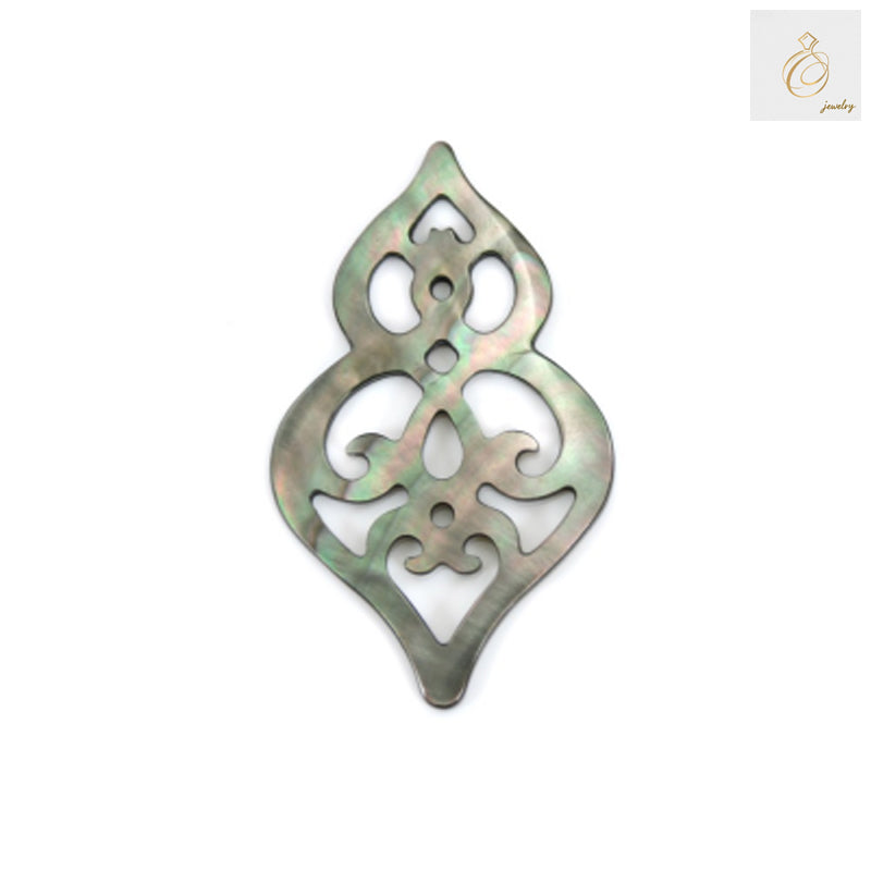 Gray mother of pearl shell charm in hollow calabash shape, 25x33mm size, natural iridescent finish