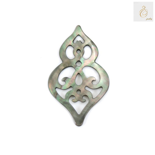 Gray mother of pearl shell charm in hollow calabash shape, 25x33mm size, natural iridescent finish