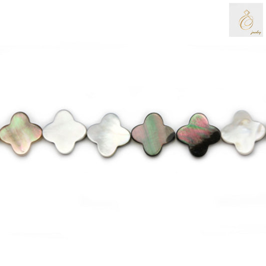 Gray mother-of-pearl shell beads in clover shape, 18mm diameter, arranged in a strand showing natural luster and elegant design for jewelry making