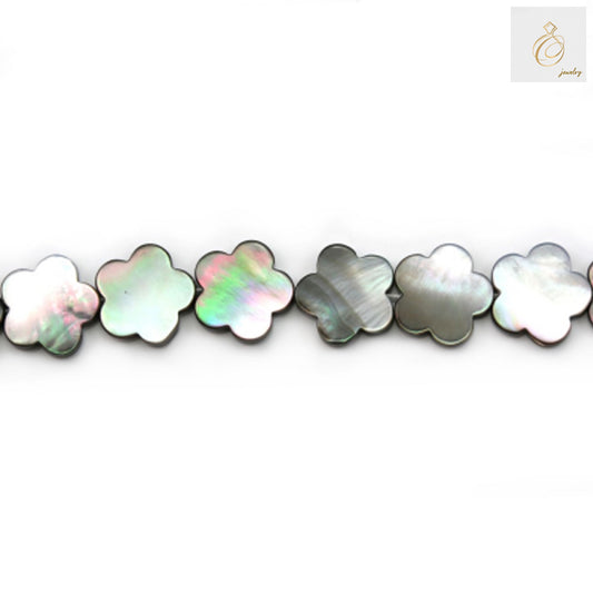 Gray mother-of-pearl shell flower beads strand, 20mm diameter, showing natural luster and delicate flower-shaped design, 21 pieces per strand for jewelry making