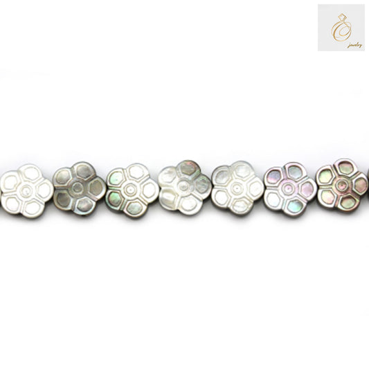 Gray mother-of-pearl shell flower beads arranged in a strand, showing 18mm flower-shaped beads with natural gray coloring and lustrous finish