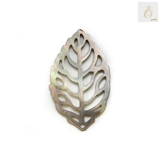 Gray mother-of-pearl shell pendant with hollow leaf design, 15x25mm size, showing natural pearl luster and intricate cutout pattern for jewelry making