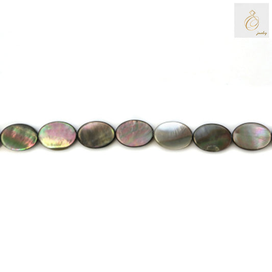 Gray mother-of-pearl shell oval beads 10x14mm arranged in strand showing natural luster and uniform shape