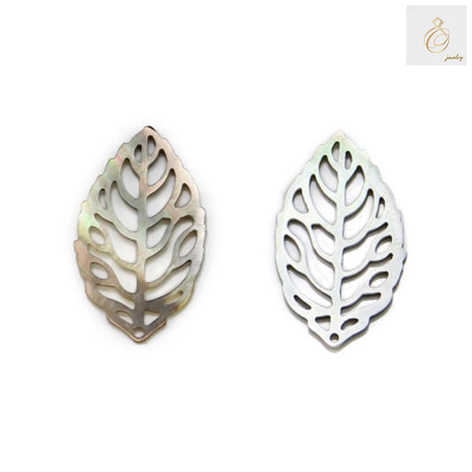 Close-up view of gray mother-of-pearl shell pendant displaying hollow leaf cutout design and natural iridescent finish, perfect for jewelry crafting projects
