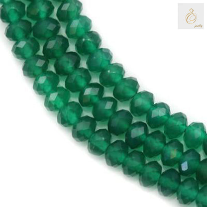 Green agate faceted abacus beads 3x4mm on white background"
"Strand of green agate gemstone beads with faceted abacus cut