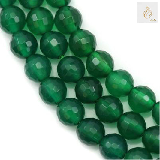 Green agate faceted round beads 8mm on white background"
"Close-up of green agate gemstone beads showing faceted surface