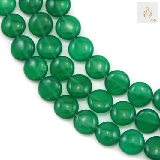 Green agate flat round beads 10mm on strand for jewelry making"
"Natural green agate gemstone beads, flat round shape, 10mm diameter
