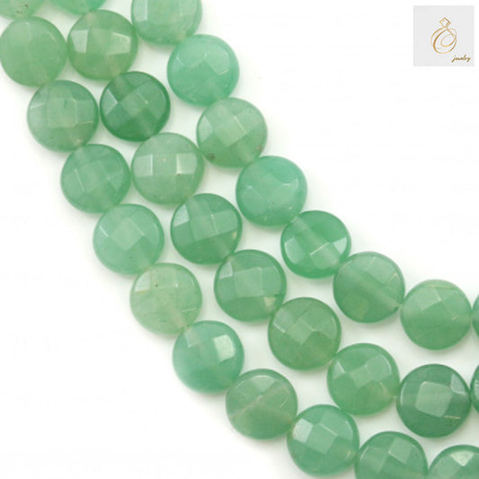 Natural green aventurine faceted flat round beads 10mm diameter on white background"
"Green aventurine gemstone beads strand 39-40cm length for jewelry making"
"Polished green aventurine beads with faceted cuts showing natural shimmer